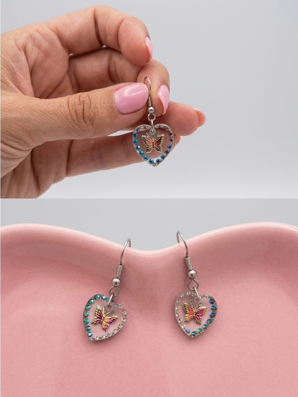 Y2K Pink Butterfly Resin Heart Earrings Coquette Rainbow Dangles⁠